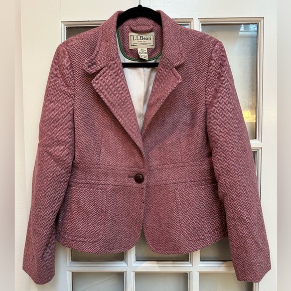 Vintage L.L BEAN Shetland Herringbone Wool Tweed Blazer Jacket Size 14 Petite